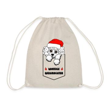 weihnachtliches Pudelmotiv - Taschenhocker Pudel - Turnbeutel - Natur - Vorne