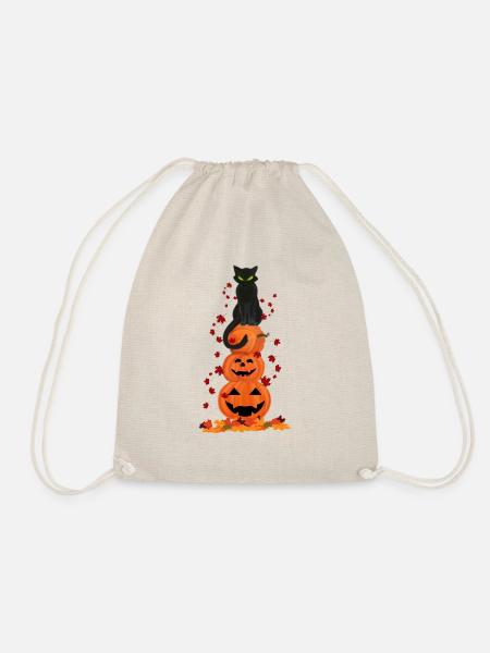 Halloween Design lachender Kürbis schwarze Katze - Turnbeutel - Natur