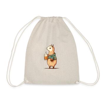 Sweet llama with sweater and beer. Alpaca Gift - Drawstring Bag - nature - Front