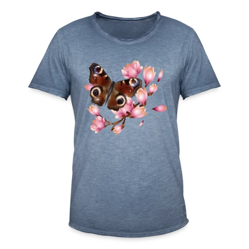 Papillon Paon et Magnolia Rose : Élégance Naturelle - T-shirt vintage Homme