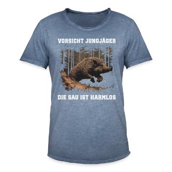 Méfiez-vous des jeunes chasseurs - T-shirt vintage Homme - vintage bleu jeans - Devant - Jose (178cm)
