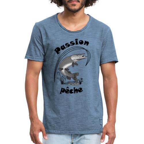 t shirt pecheur passion peche brochet fond clair - T-shirt vintage Homme
