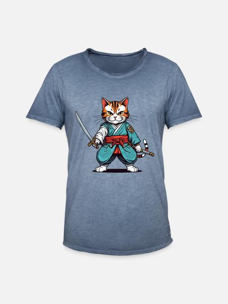 Samurai-Katze - Männer Vintage T-Shirt - Vintage Denim
