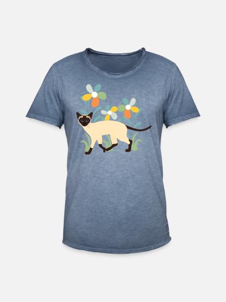 Siamese Cat and Flowers - Men's Vintage T-Shirt - vintage denim