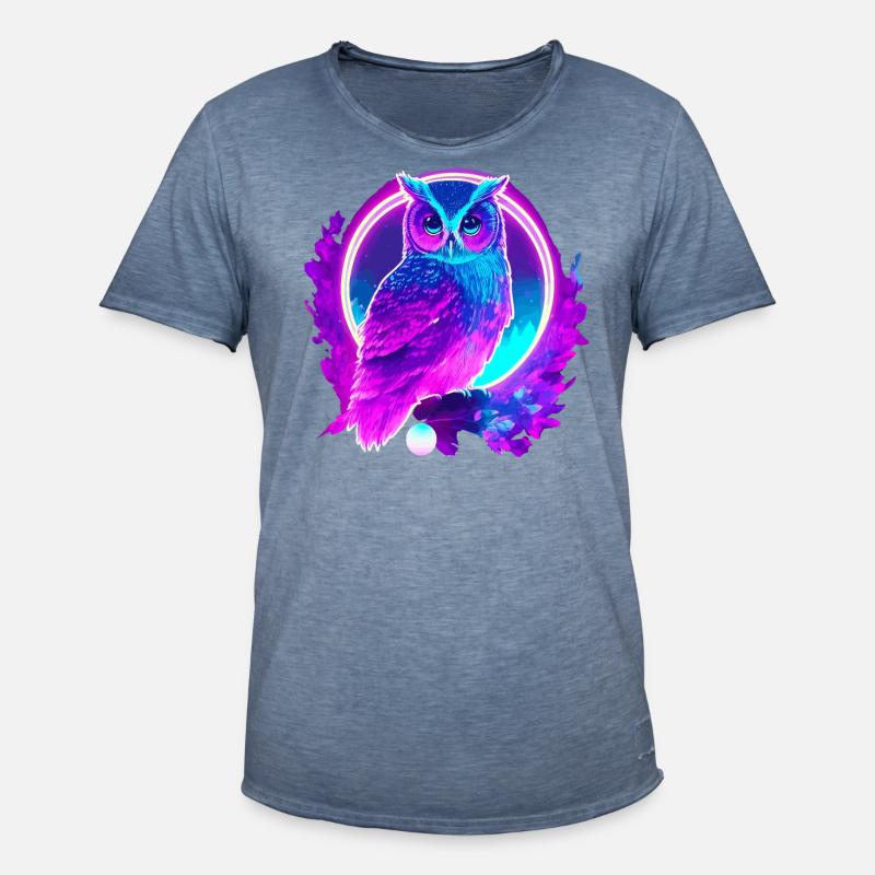 Eule Neon Moon Synthwave - Männer Vintage T-Shirt - Vintage Denim