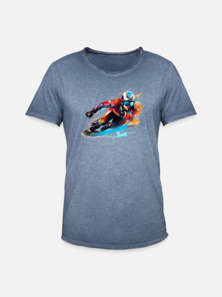 Fahrender Skirennfahrer mit Farbexplosion - Männer Vintage T-Shirt - Vintage Denim