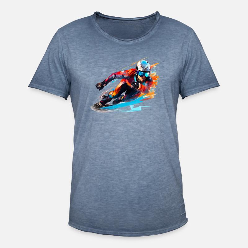 Fahrender Skirennfahrer mit Farbexplosion - Männer Vintage T-Shirt - Vintage Denim