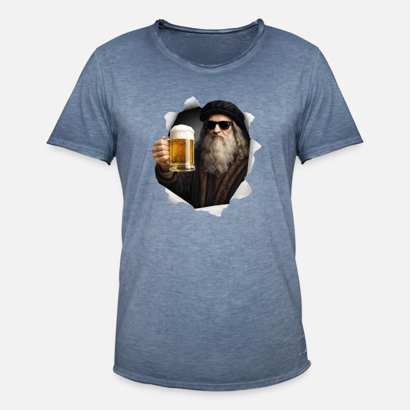 Leonardo Da Vinci con birra e occhiali da sole - Maglietta vintage da uomo - vintage denim