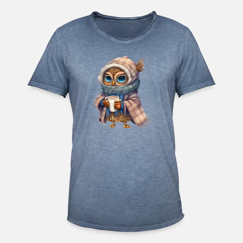 Nette Eule mit Kaffee - Männer Vintage T-Shirt - Vintage Denim