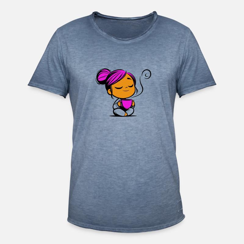 Tassmine enspannt mit einer Tasse Tee oder Kaffee - Männer Vintage T-Shirt - Vintage Denim