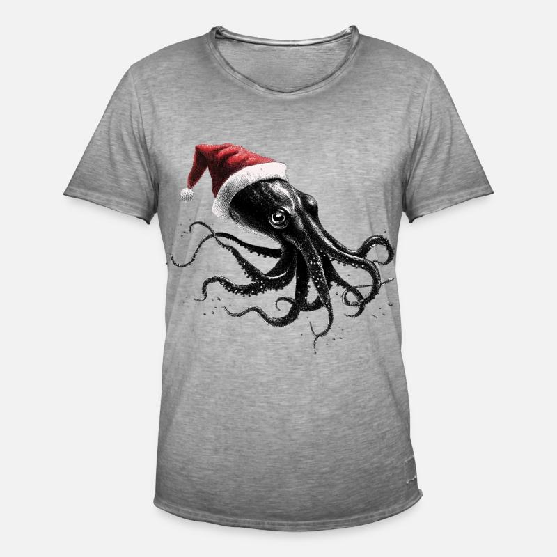 Weihnachtskrake mit Weihnachtsmütze - Männer Vintage T-Shirt - Vintage Grau