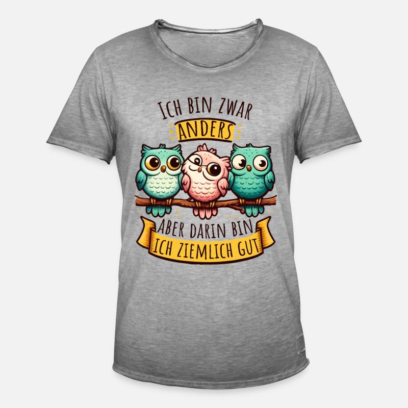 Anderssein Spruch mit bunten Eulen - Männer Vintage T-Shirt - Vintage Grau