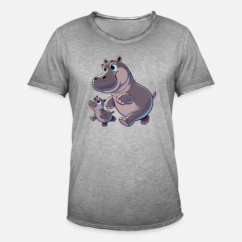 Nilpferd-Mutter mit herumtollendem Kind - Männer Vintage T-Shirt - Vintage Grau