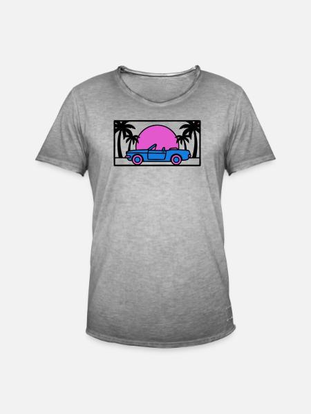 Convertible Palm Trees Sunset Graphic - Men's Vintage T-Shirt - vintage grey