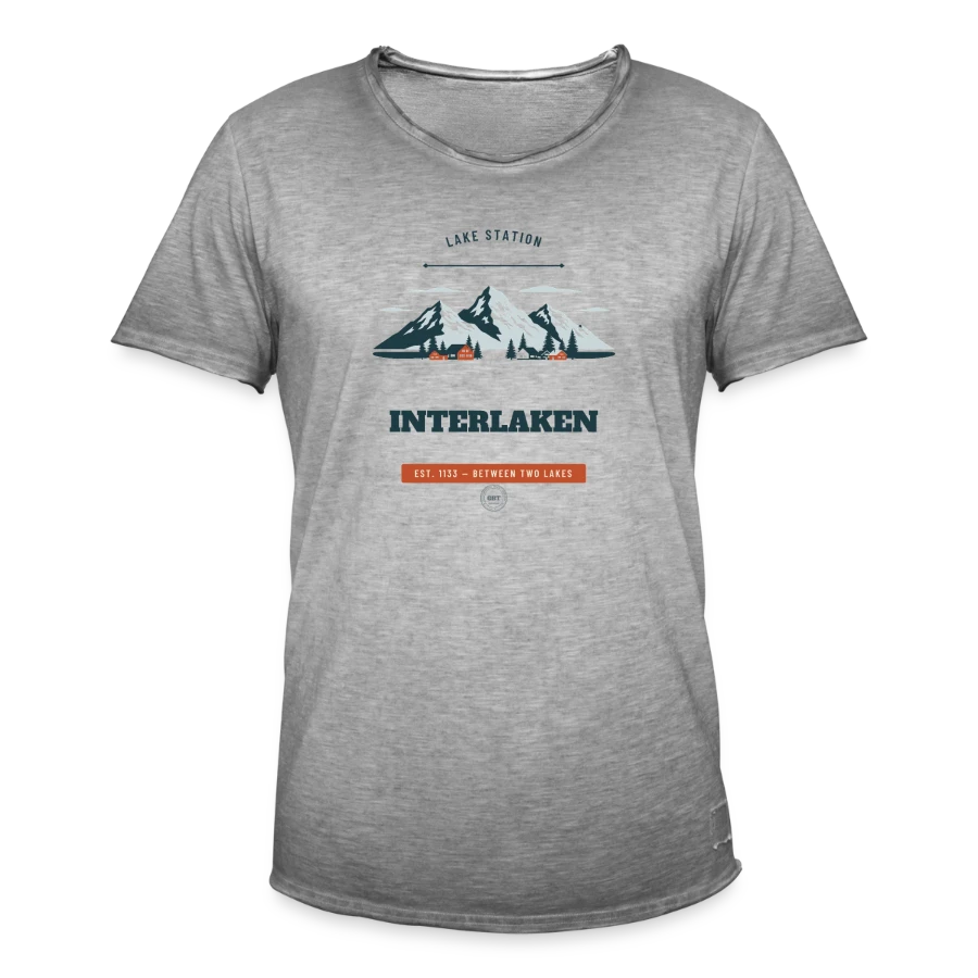 Interlaken badge on a men's vintage t-shirt, vintage grey, front