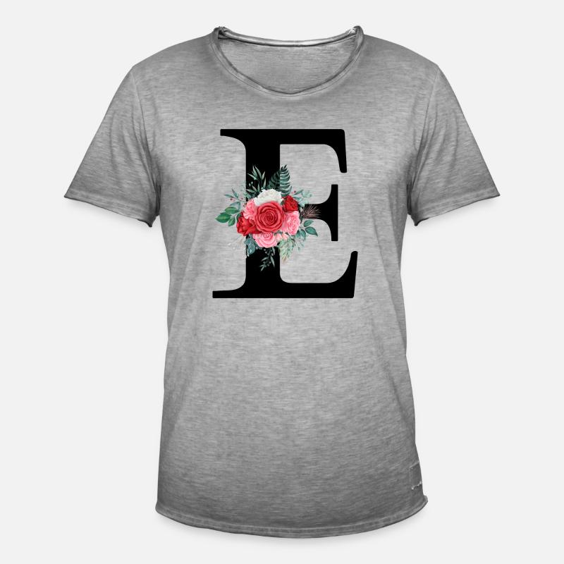 Roter Blumenbuchstabe E - Männer Vintage T-Shirt - Vintage Grau