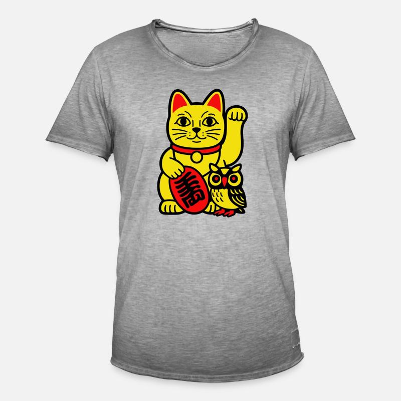 Glückskatze mit kleiner Eule - Männer Vintage T-Shirt - Vintage Grau