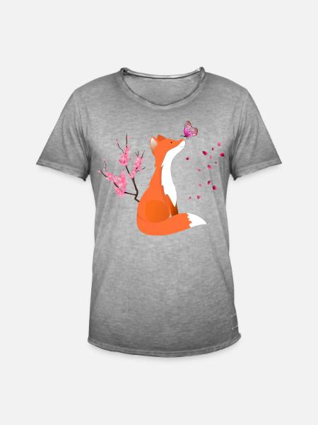 Fox Animal Fox med blomster og sommerfugl - Herre vintage T-shirt - vintage-grå