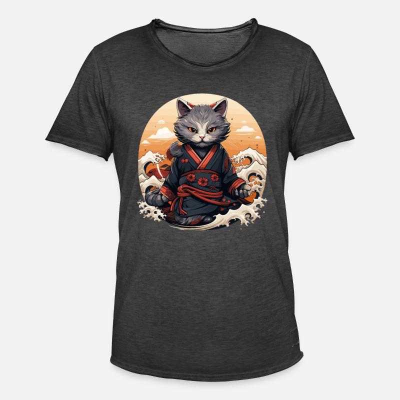 Samurai Cat Cat Ninja Katana Giappone - Maglietta vintage da uomo - nero antico