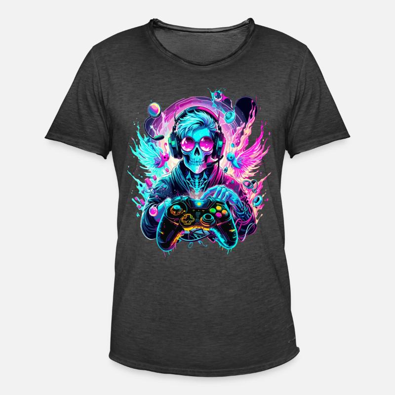 Synthwave Skull Gaming Controller Art - Männer Vintage T-Shirt - Vintage Schwarz