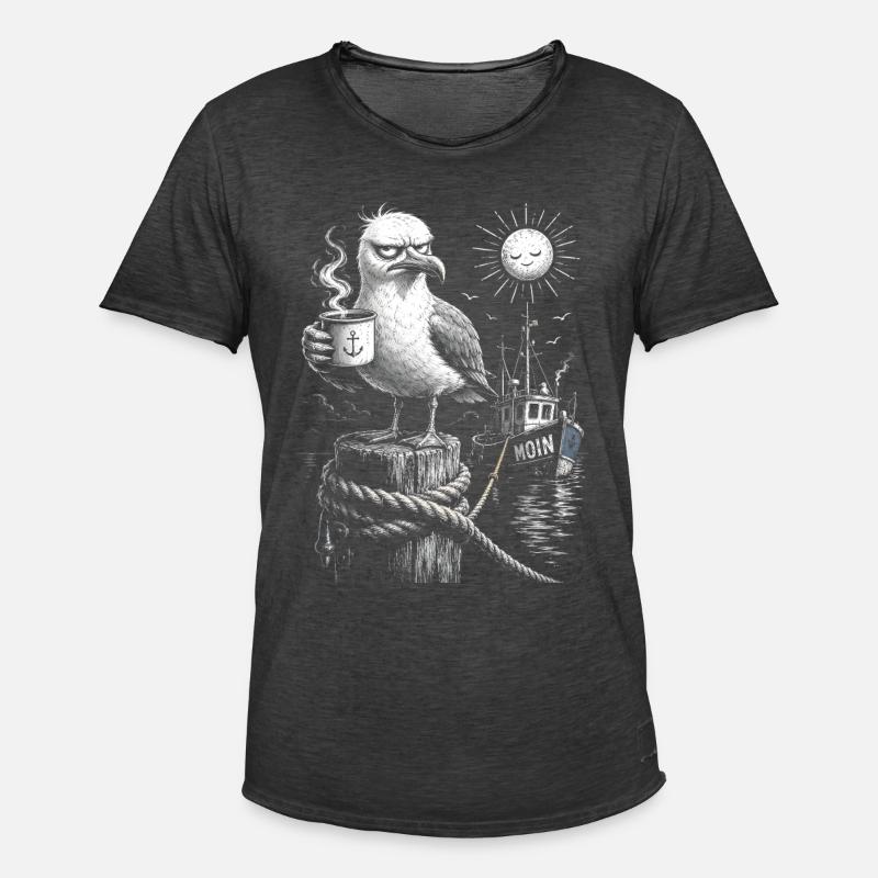 MOIN – Grumpy Seagull with Coffee - Men's Vintage T-Shirt - washed black