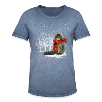 Chat des neiges Maine Coon en hiver - T-shirt vintage Homme - vintage bleu jeans - Devant - Jose (178cm)
