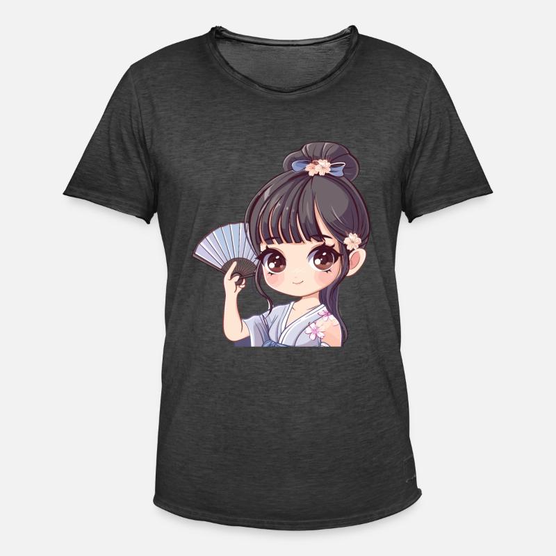 Anime Mädchen mit Fächer - Männer Vintage T-Shirt - Vintage Schwarz