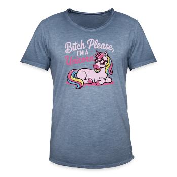 Licorne qui dit un motif de conne, s’il te plaît - T-shirt vintage Homme - vintage bleu jeans - Devant - Jose (178cm)