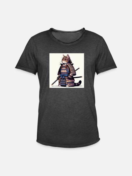 Samurai-Katze mit traditioneller Rüstungsillustration - Männer Vintage T-Shirt - Vintage Schwarz