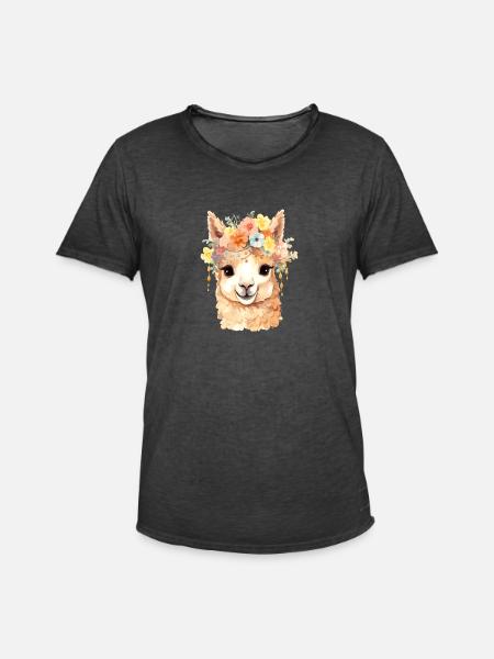 Alpaka mit Blumen - Männer Vintage T-Shirt - Vintage Schwarz