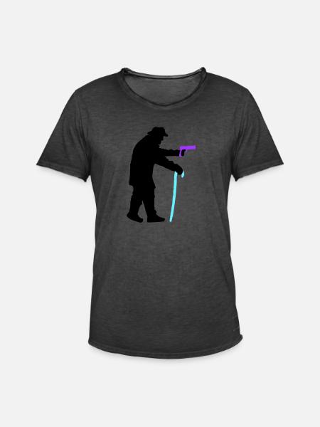 Grandpa robber silhouette with walking stick and gun - Men's Vintage T-Shirt - washed black