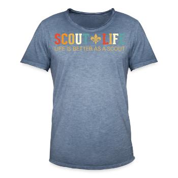 Avez-vous une passion pour le scoutisme, la randonnée et la cam - T-shirt vintage Homme - vintage bleu jeans - Devant - Jose (178cm)