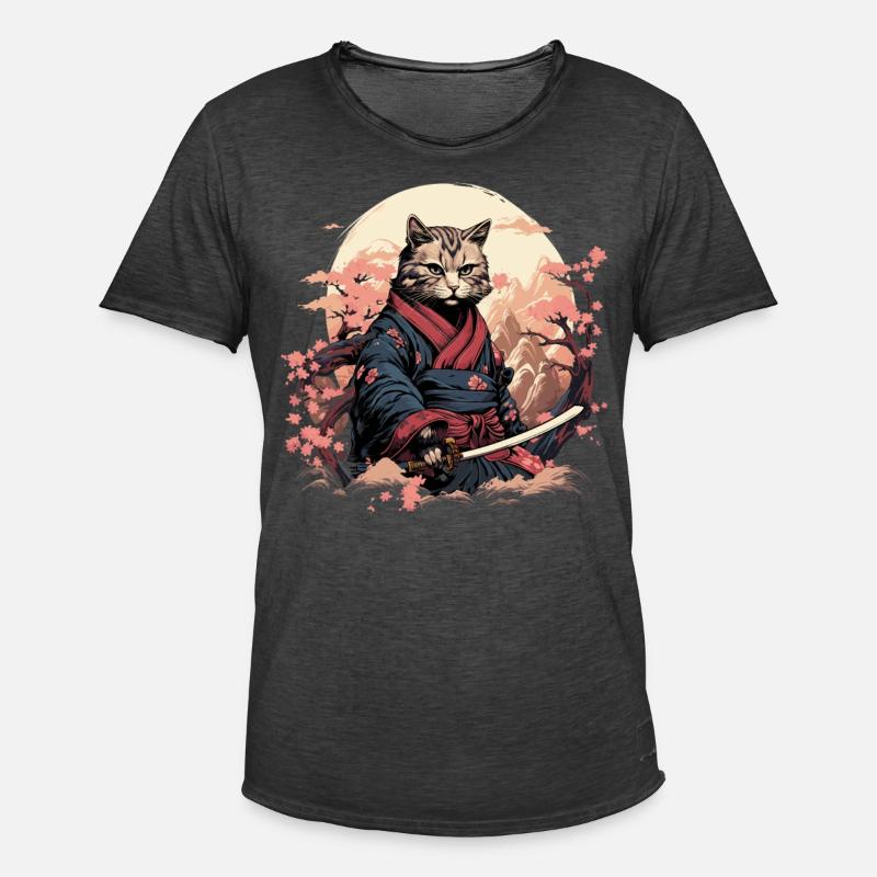 Ninja Cat Samurai Artwork - Männer Vintage T-Shirt - Vintage Schwarz