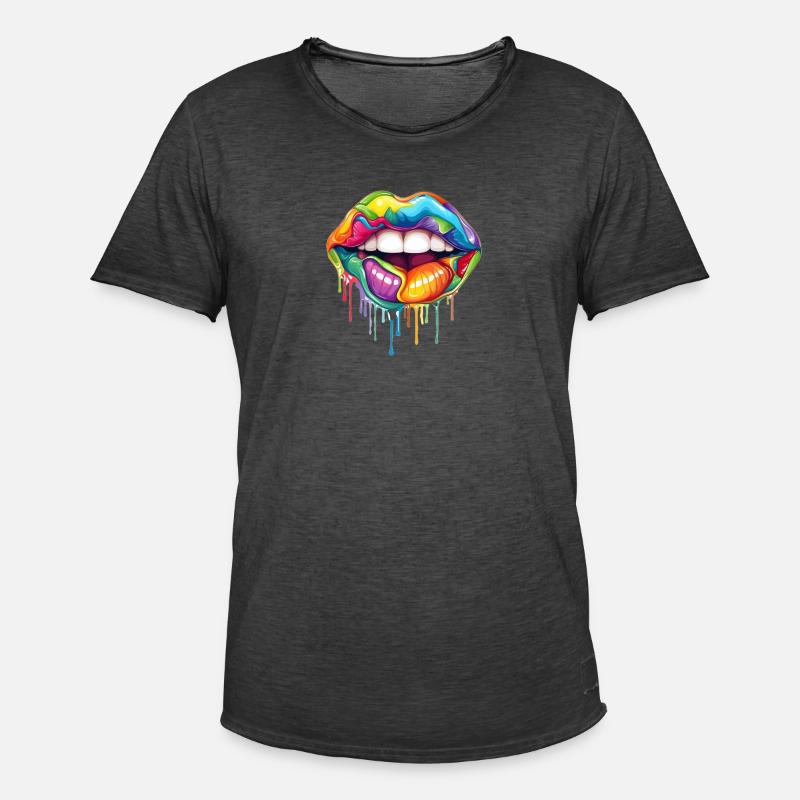 Regenbogen Lippen - Männer Vintage T-Shirt - Vintage Schwarz