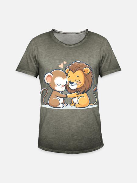 Abrazando al mono y al león enamorados - Camiseta vintage hombre - vintage caqui