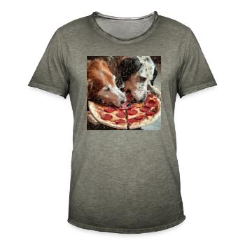 Deux chiens mangeant de la pizza salami - T-shirt vintage Homme - vintage kaki - Devant - Jose (178cm)