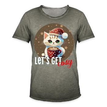 chat café chat Allons bien cosy Noël café père Noël - T-shirt vintage Homme - vintage kaki - Devant - Jose (178cm)
