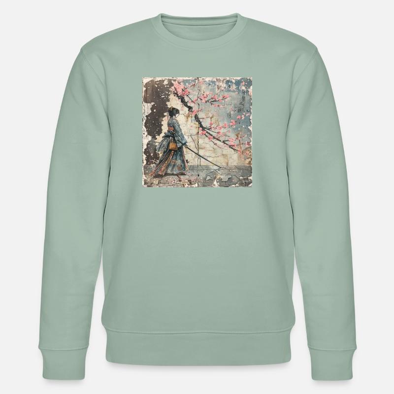 Japanisch, Samurai, Kirschblüte, Kunst, Ukiyo-E - Stanley/Stella Unisex Bio-Sweatshirt CHANGER  - Helles Graugrün
