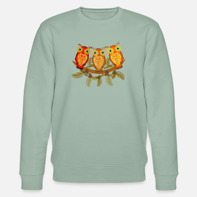 Drei bunte Eulen mit Kiefernzweigen - Stanley/Stella Unisex Bio-Sweatshirt CHANGER  - Helles Graugrün