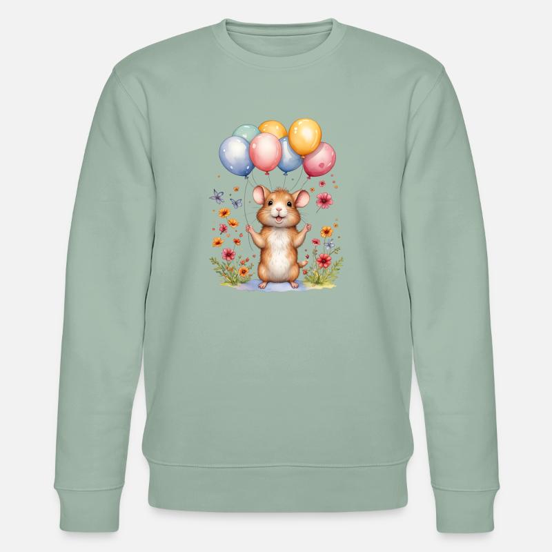 Süße Maus mit Geburtstagsballons - Stanley/Stella Unisex Bio-Sweatshirt CHANGER  - Helles Graugrün