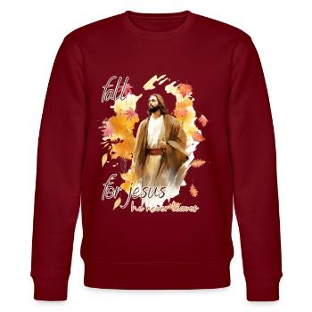 Fall Jesus He Never Leaves: Christian Autumn Vibes - Stanley/Stella Unisex Bio-Sweatshirt CHANGER  - Burgunderrot - Vorne - Nik (191cm) & Marisol (170cm)