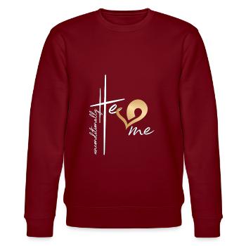 Christliches Design Er liebt mich bedingungslos - Stanley/Stella Unisex Bio-Sweatshirt CHANGER  - Burgunderrot - Vorne - Nik (191cm) & Marisol (170cm)