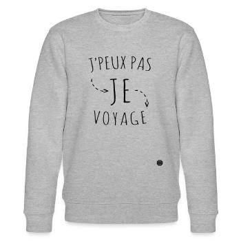 Design Ich kann nicht reisen I Offizielle Sammlung - Stanley/Stella Unisex Bio-Sweatshirt CHANGER  - Grau meliert - Vorne - Nik (191cm) & Marisol (170cm)