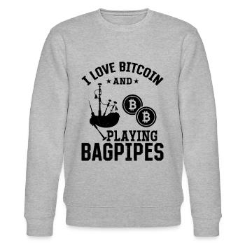 J’aime Bitcoin et jouer à la cornemuse - Bagpipe Play - Sweat bio CHANGER Stanley/Stella Unisexe - gris chiné - Devant - Nik (191cm) & Marisol (170cm)