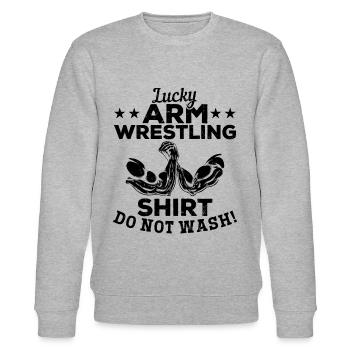 Lucky Arm Wrestling Shirt Do Not Wash - Armwrestli - Stanley/Stella Unisex Bio-Sweatshirt CHANGER  - Grau meliert - Vorne - Nik (191cm) & Marisol (170cm)