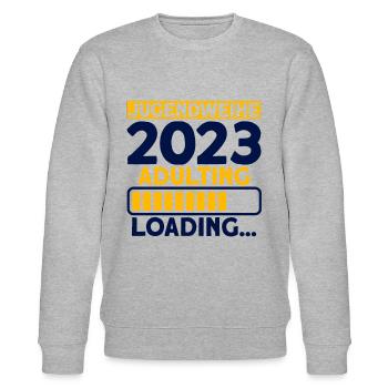 Jugendweihe 2023 Adulting Loading… Geschenk - Stanley/Stella Unisex Bio-Sweatshirt CHANGER  - Grau meliert - Vorne - Nik (191cm) & Marisol (170cm)