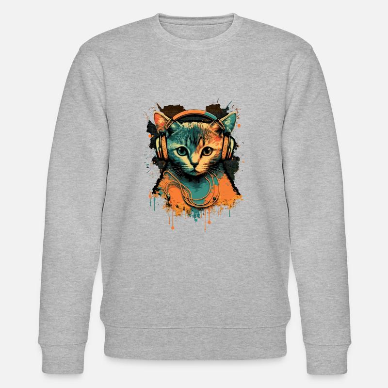 Retro Cat mit Kopfhörern - Stanley/Stella Unisex Bio-Sweatshirt CHANGER  - Grau meliert