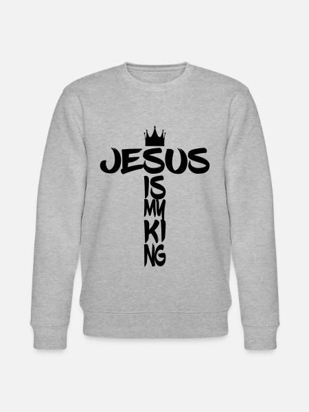 Jesus is King with cross and crown - Stanley/Stella CHANGER Unisex Organic Sweatshirt - heather grey