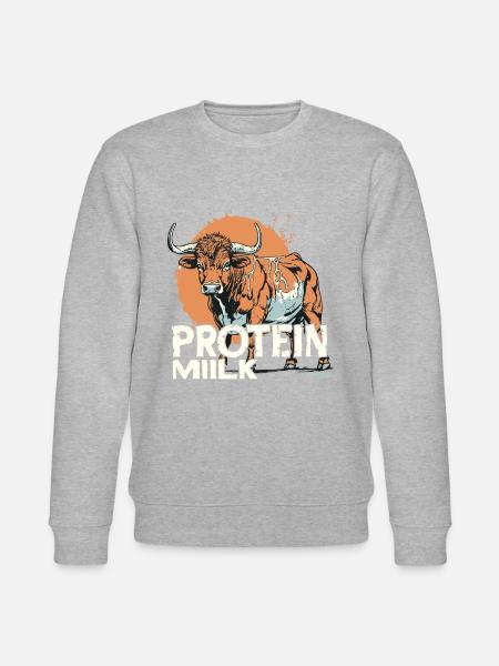 Tegneserieko med teksten: Proteinmælk - Stanley/Stella økologisk unisex-sweatshirt CHANGER  - grå meleret