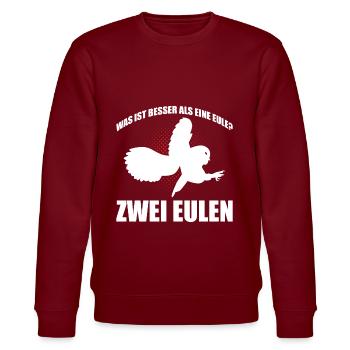 Was ist besser als eine Eule? Zwei Eulen - Stanley/Stella Unisex Bio-Sweatshirt CHANGER  - Burgunderrot - Vorne - Nik (191cm) & Marisol (170cm)